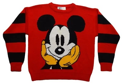 Mickey & Co L Knit Red 90s VTG Sweater 100% Acrylic Striped Mouse Walt Disney - Image 1 of 4