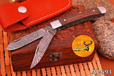 HANDMADE DAMASCUS STEEL TRAPPER KNIFE FOLDING POCKET KNIFE SURVIVAL EDC 693 - Image 1 of 4