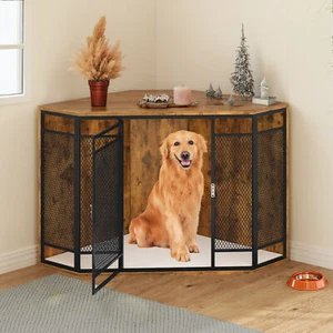 36 inch Corner Dog Crate Furniture Wooden Dog Kennel w/ Metal Mesh And Table - Picture 1 of 5