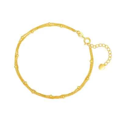 18K Solid Gold Chopin Chain Double layer Bracelet Bead Heart Charm Jewelry 7.1" - Image 1 of 4