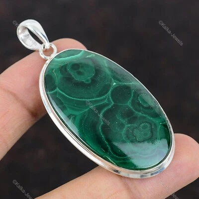 Natural Russian Malachite Gemstone Jewelry 925 Sterling Silver Pendant For Girls - Image 1 of 4