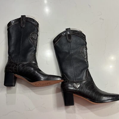 Botas de Vaquero del Oeste Brighton's TOBY Cuero Negro y Marrón Corazón Plateado 7 1/2M Foto 1 de 4
