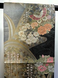 Japanese Kimono, SILK Fukuro OBI,Rokutu,Gold thread,Foil,Butterflies,L14'4".4049 - Picture 1 of 10