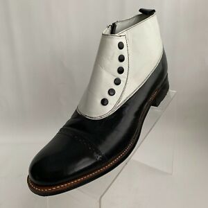 Stacy Adams Madison Spat Ankle Boots Black White Leather Cap Toe Brogue Zip 9D