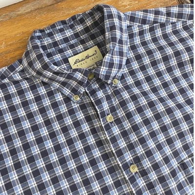 Camisa xadrez masculina vintage tamanho XL alta anos 90 Eddie Bauer azul popeline tartan - Imagem 1 de 4