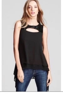 BCBGMaxAzria Bianca Top Black Chiffon & Sequined Eyelet, Blouse XXSmall - Picture 1 of 13
