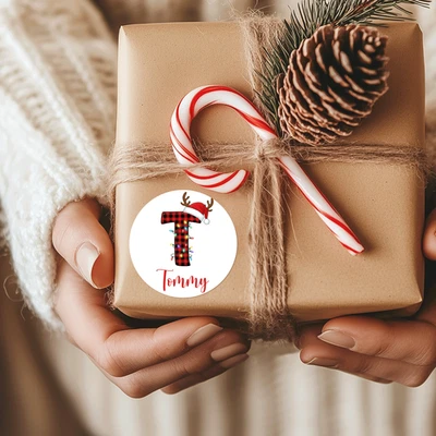 Lindas pegatinas iniciales de Navidad personalizadas de reno rojo etiquetas de regalo Navidad Foto 1 de 4
