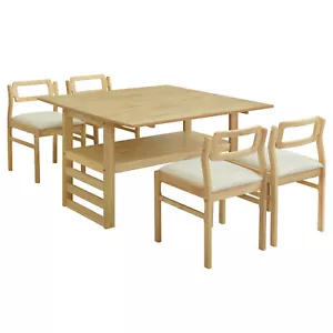 5Pieces 47.2"Extendable Square Dining Table Set Two Drop Leaves 4 Chairs Natural - Picture 1 of 20