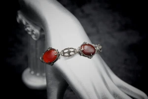 Antique Art Deco 925 Sterling Silver + Carnelian Chalcedony + Marcasite Bracelet - Picture 1 of 11