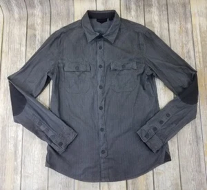 Rogue Button Snap Down Biker Shirt Elbow Patches Mens Size M Gray Striped Preppy - Picture 1 of 14