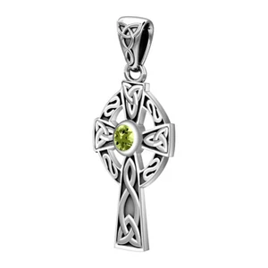 Ciondolo Croce Celtica Argento Sterling 925 Peridoto Pietra Nascita di Agosto, 23 mm - Foto 1 di 5