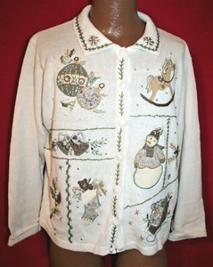 Damen UGLY CHRISTMAS SWEATER Schneemann Glocken Ornamente LARGE Strick Cardigan - Bild 1 von 5