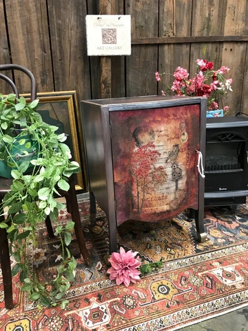 Mahogany Music Cabinet, Refinished in Autumn Grunge Colors; Inside Lighting Cover
