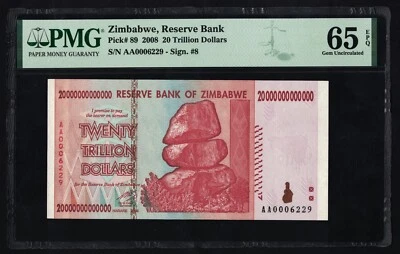 Authentic 20 Trillion Dollars Zimbabwe AA 2008 P89 PMG UNC 65 Low Serial Number - Image 1 of 4