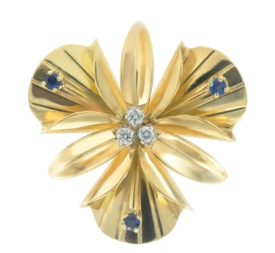 Broche de orquídea Tiffany & Co diamante zafiro oro amarillo Foto 1 de 4