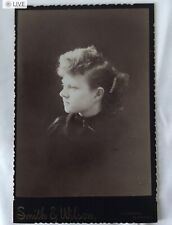 Antique Cabinet Card  Young Woman Dark Dress Curly Hair Barrette 1890s