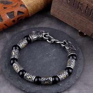 Norse Vikings Rune Spacer Beads Wristband Bracelet Men Women Cuff Dragon Jewelry - Picture 1 of 16