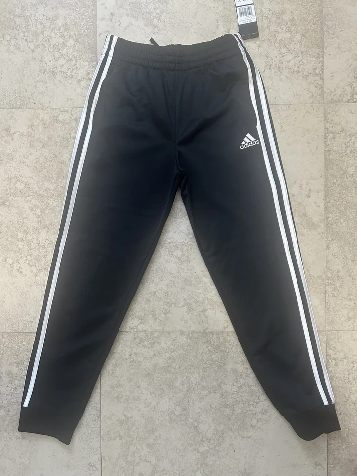 Boys ADIDAS Black White 3 Stripe Joggers Size Med 10/12 White Shirt Size 10/12  - Image 1 of 4