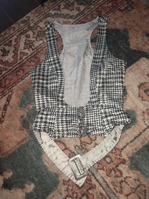 Formal Womens Houndstooth Metallic Fabric  Button Up Vest  Belted XS - Image 1 of 4