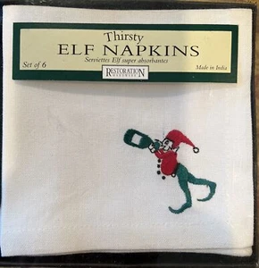 Christmas Cocktail Napkins Thirsty Elf Restoration Hardware 6 in Box 100% Cotton - Picture 1 of 3