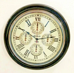 Black Wooden Clock World Time Clock Vintage Style Brass Wall Decor Nautical item - Picture 1 of 3