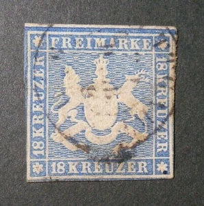 GERMANIA ,GERMANY ,1857 WURTTEMBERG " STEMMA " 18Kr. blau USED Mic.10 - Picture 1 of 2