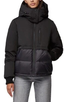 SOIA & KYO XL Cindi Bomber Puffer Chaqueta Abrigo Negro de Plumón 700+ Relleno Con Capucha $545 Foto 1 de 4