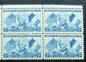 US 3¢ stamp SC #1010 Arrival of Lafayette in America MNH 1952 block of 4 - Picture 1 of 1