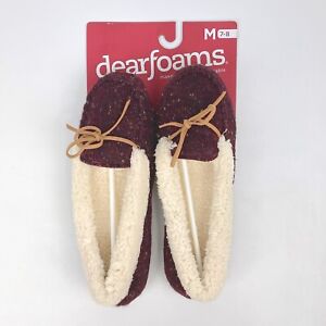 NEW Dearfoams Women's M 7-8 Multi Fabric Moccasin Cabernet House Slippers