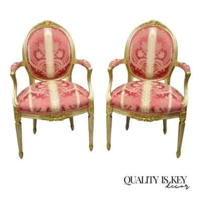French Louis XVI Style Silver Gold Gilt Pink Damask Oval Back Arm Chairs - Pair - Image 1 of 4