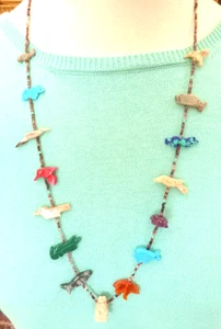 VTG Zuni Carved Fetish Animal 28" Necklace 15 Animals Various Stones 925 Silver - Picture 1 of 7