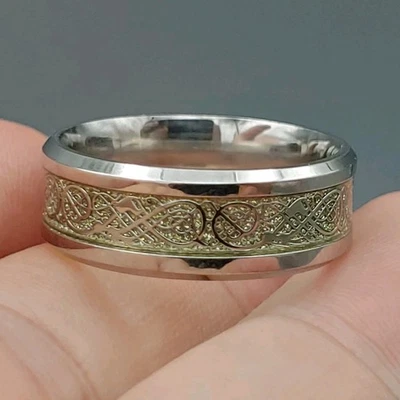 Celtic Dragon Ring 8mm Mens Womens Wedding Band Sz 10.5 Green Sparkle inlay 4.8g - Image 1 of 4