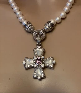 Judith Ripka Sterling Silver, Pearl, Amethyst Cross Pendant Enhancer Necklace - Picture 1 of 9