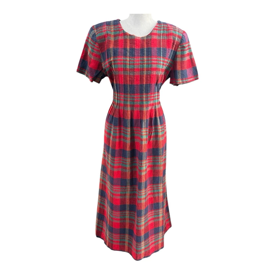 Vtg Miss Dorby Linen Blend Plaid Dress Sz 12 Red Tartan 80s Cottagecore Holiday - Image 1 of 4