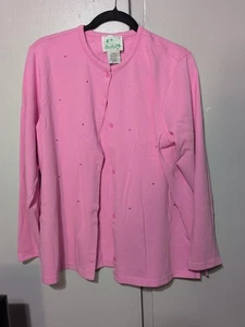 Vintage Quacker Factory Pink Cardigan Size Large Delicate Rhinestones - Picture 1 of 6