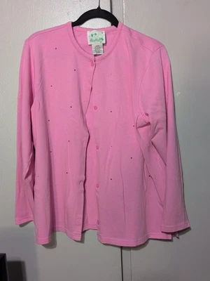 Vintage Quacker Factory Pink Cardigan Size Large Delicate Rhinestones - Image 1 of 4