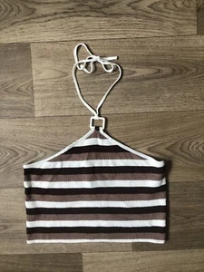 Halter Neck Tie Around Crop Top Brown Stipe Size Large  - Picture 1 of 5