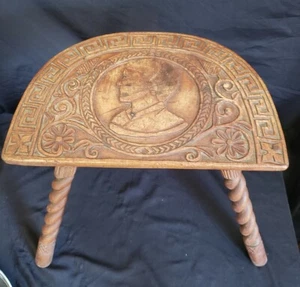 Antique Primitive CARVED 3 Legged Wood Milk Stool. Rustic Farm UNUSUAL 15.5" H - Picture 1 of 13