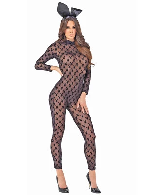 Women Sheer Playboy Bunny Bodysuit 2Pc Halloween Cosplay Roleplay Black XS S M L - Image 1 of 4