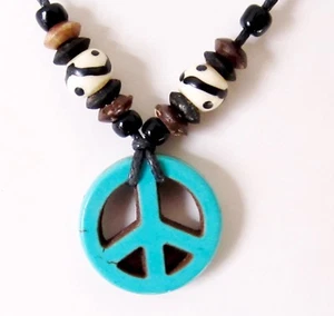 PEACE SIGN NECKLACE CHARM PENDANT STONE BLACK CORD WOOD BEADS HIPPIE mens womens - Picture 1 of 3