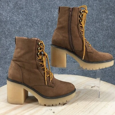 Forever 21 Boots Womens 8 Chunky Platform Lace Up Combat Brown Fabric Heels - Image 1 of 4