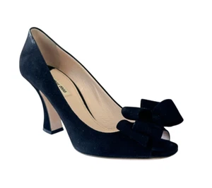 MIU MIU Suede Leather Bow Peep Toe Spool Heels 39 9 US Black Shoes Women - Picture 1 of 13