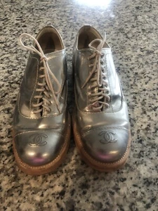 Chanel Lace Up Silver Loafers Size 39 - Picture 1 of 6