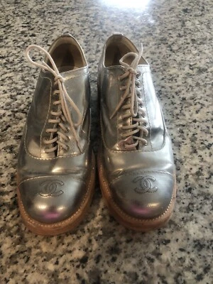 Chanel Lace Up Silver Loafers Size 39 - Image 1 of 4