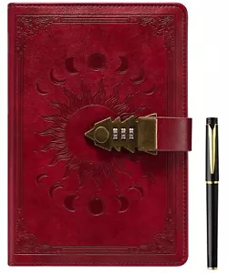 Diary with Lock A5 240 Pages Lockable Refillable Leather Journal Wine Red - Picture 1 of 7
