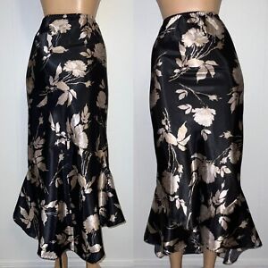 Vintage Liquid Satin Mermaid Slip Skirt L Bias Cut Shiny Black Floral Large