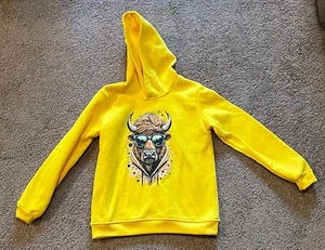Boys Casual Pullover Long Sleeve Hoodie Bright Yellow Bull w/Sunglasses 9/10Y - Picture 1 of 4