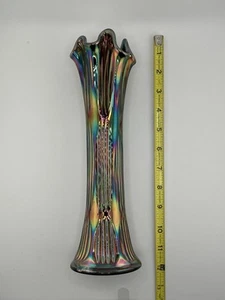 Vintage Fenton Tall Ribbed Rainbow Iridescent Carnival Glass Swung Base 11” - Picture 1 of 8