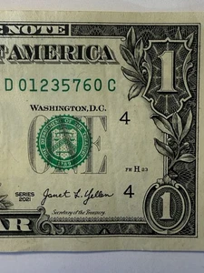 Four Digit Leading Ladder Fancy Serial Number One Dollar Bill D01235760C Dist 4 - Picture 1 of 10