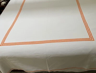 Unused White Pique Twin Coverlet W Orange Triple Line Embroidery - Image 1 of 4
